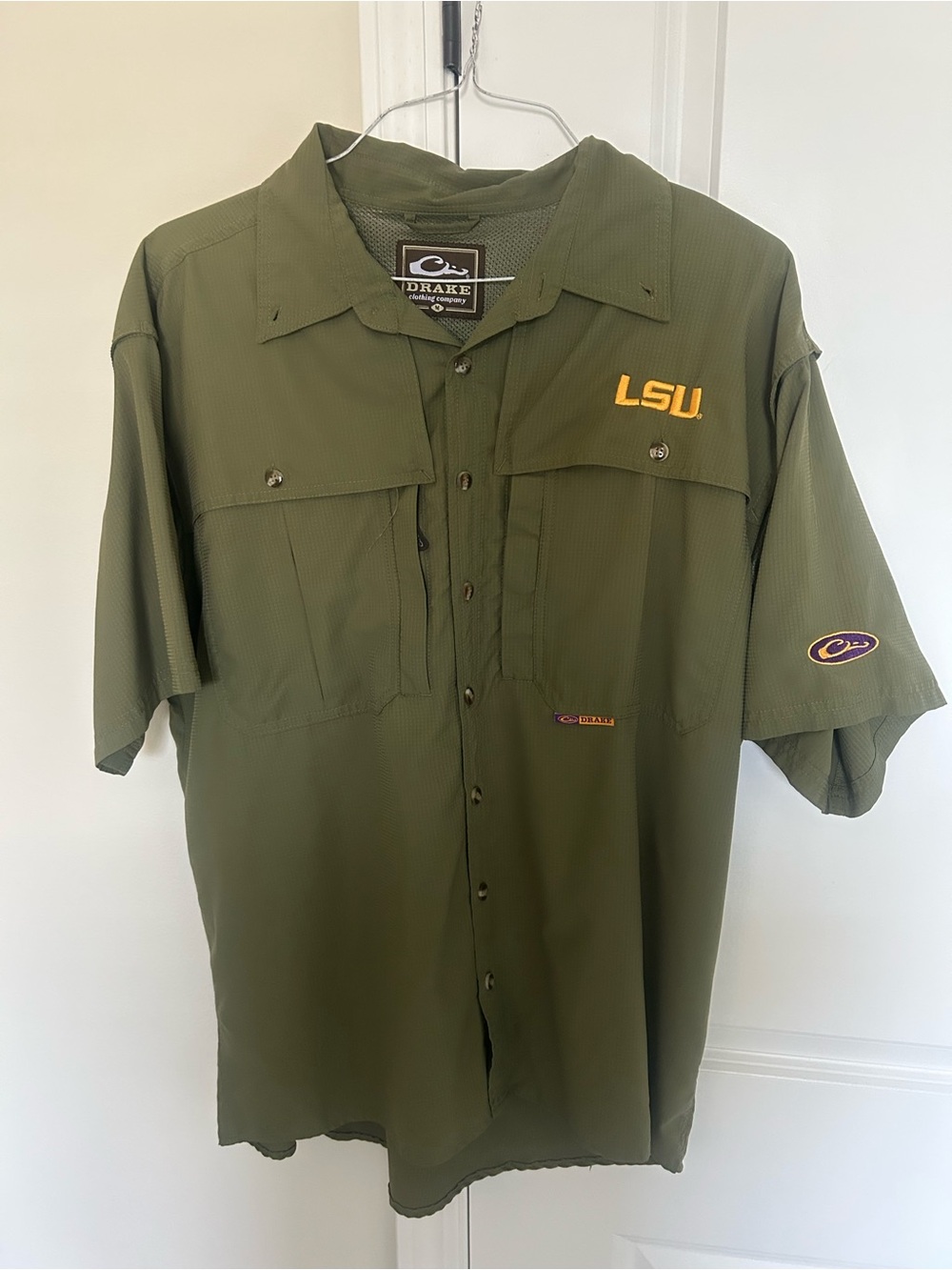 Drake Olive Green Short-Sleeve LSU Embroidered Button-Down Shirt